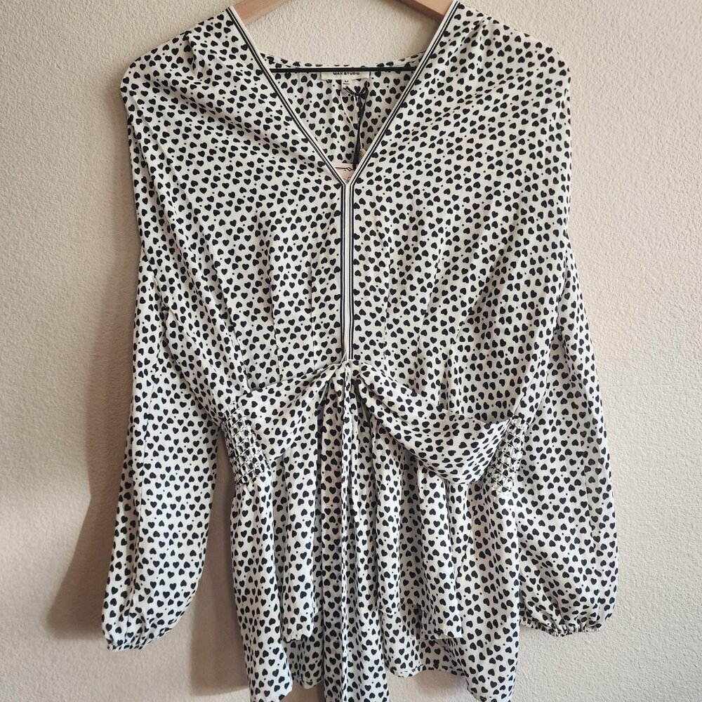 Max Studio Blouse Womens Medium Heart Print Tie Waist Long Sleeve Top